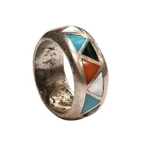 Multicolor Inlay Sterling-Style Triangle Band Ring - Women